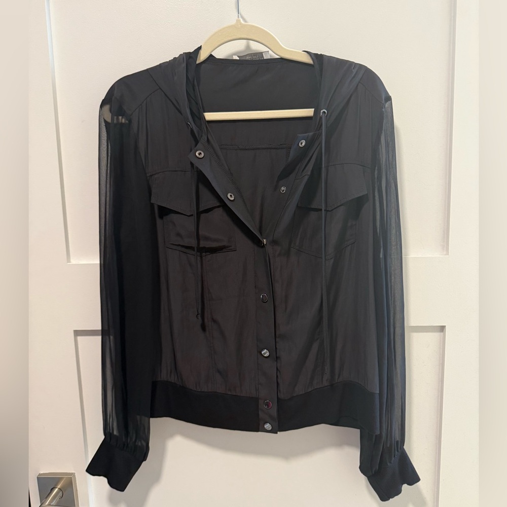 Lola & Sophie Black Semi-Sheer Silk Hooded Utility Jacket